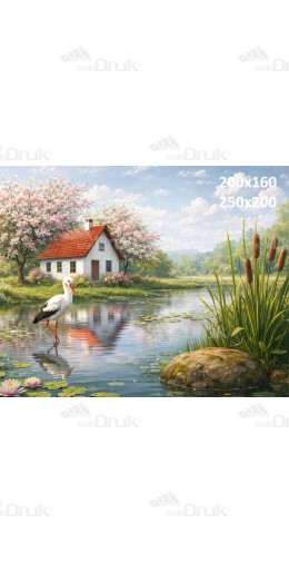 Tło fotograficzne „Sielanka nad stawem z bocianem i domkiem” | E816